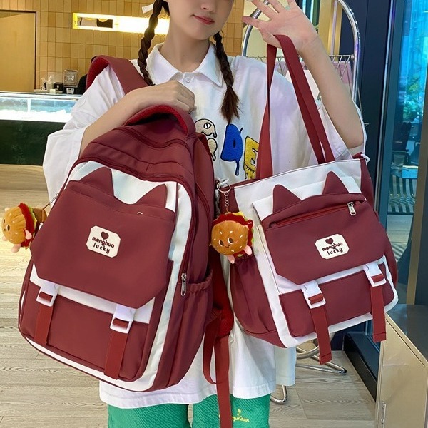 A two-piece set of backpacks for grades 4-6 in the style of Japanese ins Academy, a Korean version of a girl's cat-ear backpack details Picture