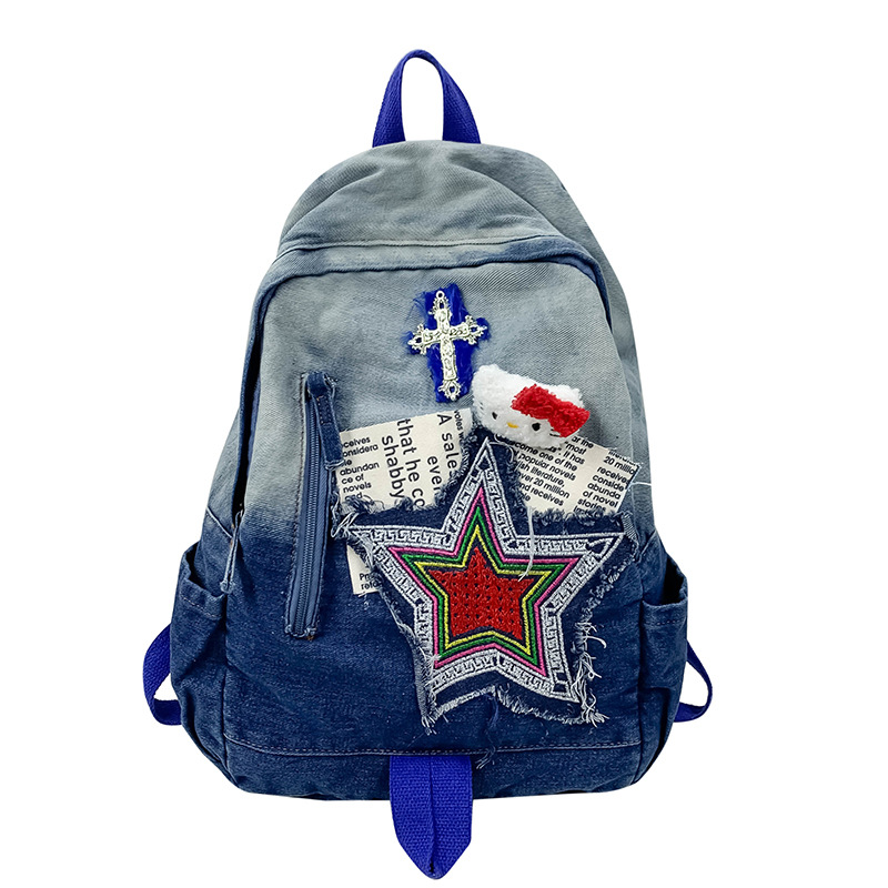 New casual denim color-blocked backpack for foreign trade, cartoonish and sweet middle school schoolbag, laid-back style college backpack Item Picture