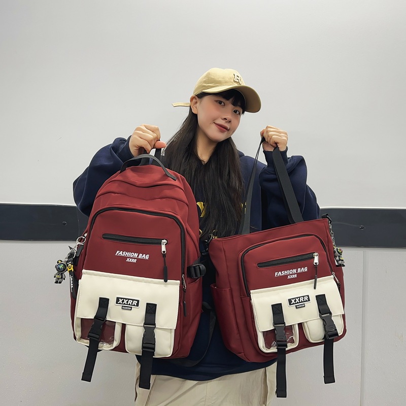 2025 New color-blocking schoolbag with large capacity Korean version ins two-piece backpacks for primary and secondary school students in grades three to six full figure