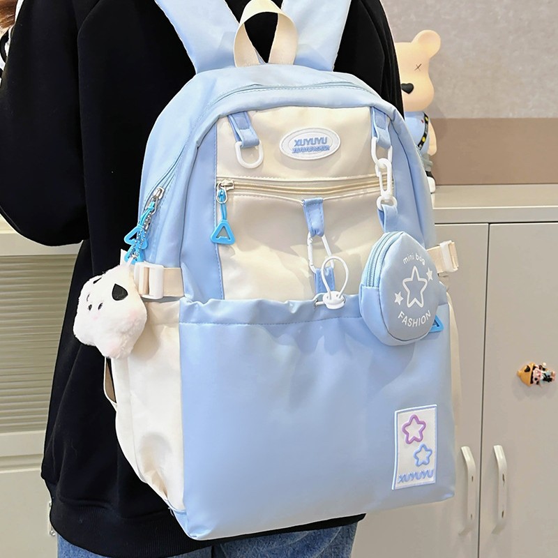 Cream-style campus junior and senior high school schoolbags, versatile large-capacity color-blocking casual backrest bags, travel and outings backpacks full figure