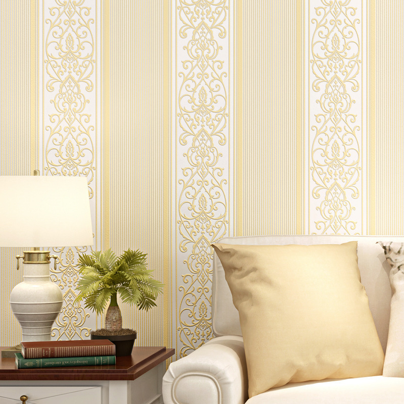 European-style non-woven fabric wallpaper for bedrooms and living rooms, 3D vertical stripes for home use, warm and cozy, simple TV background wall full figure