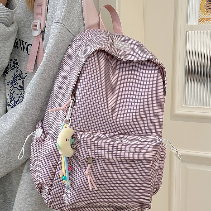 Spring/Summer 2025 fresh and clean college student checkered backpack, lightweight backpack, Japanese ins style, versatile backpack details Picture