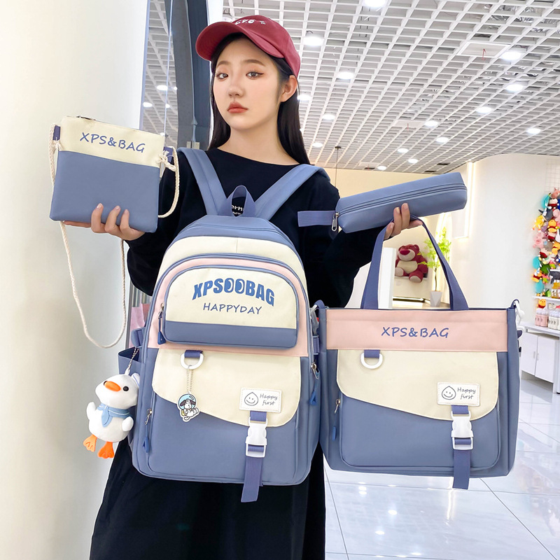 Manufacturer's in-stock four-piece ins schoolbag set, large-capacity back-protecting girls' backpack for junior and senior high school, durable casual backpack details Picture