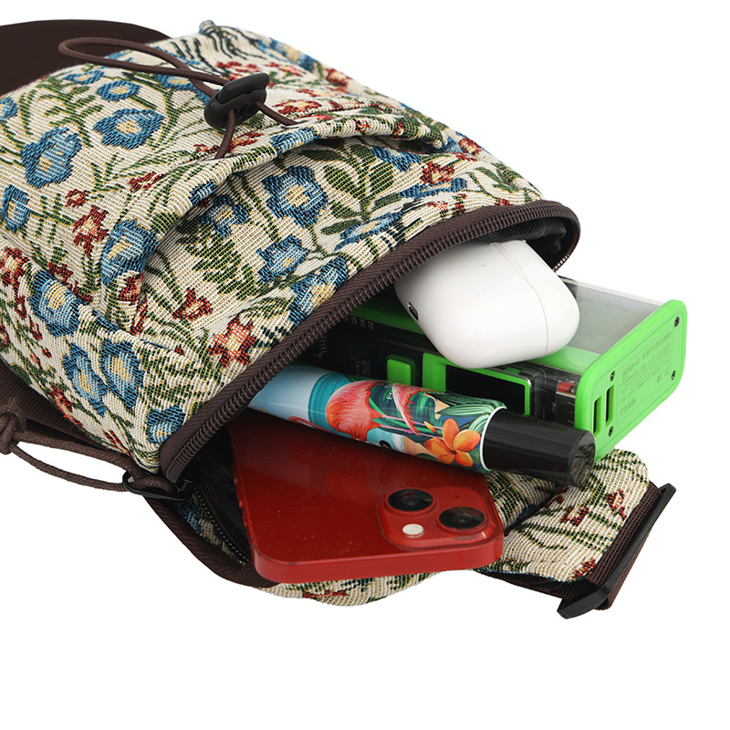A fresh and elegant lady's bucket bag, a new Chinese-style jacquard fabric crossbody bag with embroidered flowers, a laid-back and lightweight waist bag Specification drawing