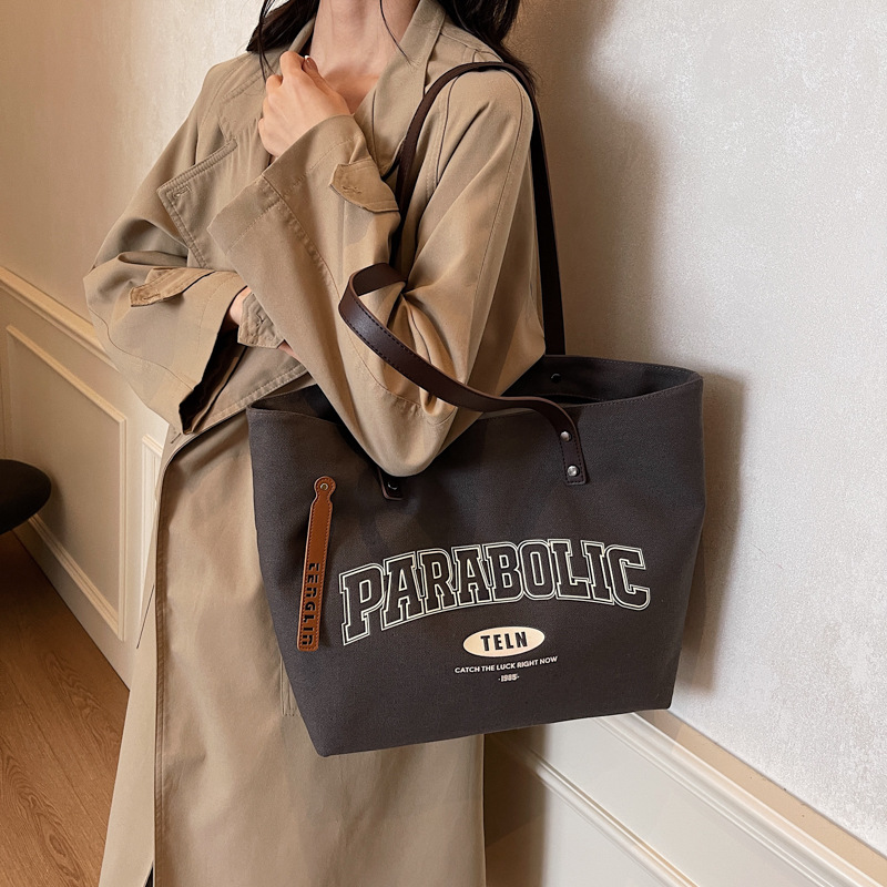 Korean casual letter-printed canvas large bag for women, a new spring 2025 fashionable single-shoulder bag and commuter tote bag details Picture