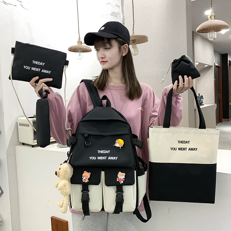 Trendy Korean-style five-piece student schoolbag set, color-blocked backpacks for middle and primary school students, fashionable campus student backpacks full figure