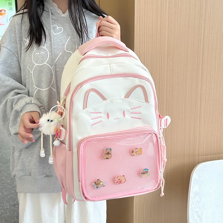 Japanese-style Instagram cute cat backpacks for girls, transparent smudging pain bags, new large-capacity schoolbags for middle school students details Picture