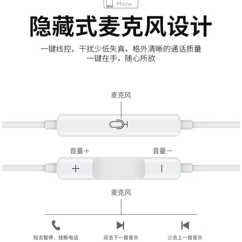 The flat head of the Bluetooth copper Ring 3rd generation wire-controlled headphones is suitable for Apple 7-14 mobile gaming headphones. It features an in-ear pop-up window details Picture