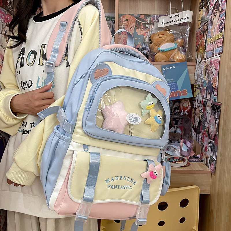 A new high-appearance-level ins transparent pain bag for girls, a large-capacity backpack for primary and secondary school students with color-blocking and splicing full figure