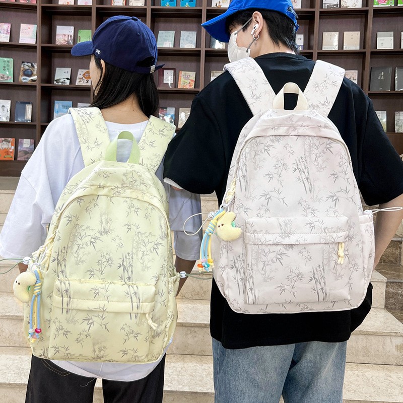 A new high-appeal solid-color bamboo print backpack from Korean Instagram, a couple's lightweight travel backpack with large capacity full figure