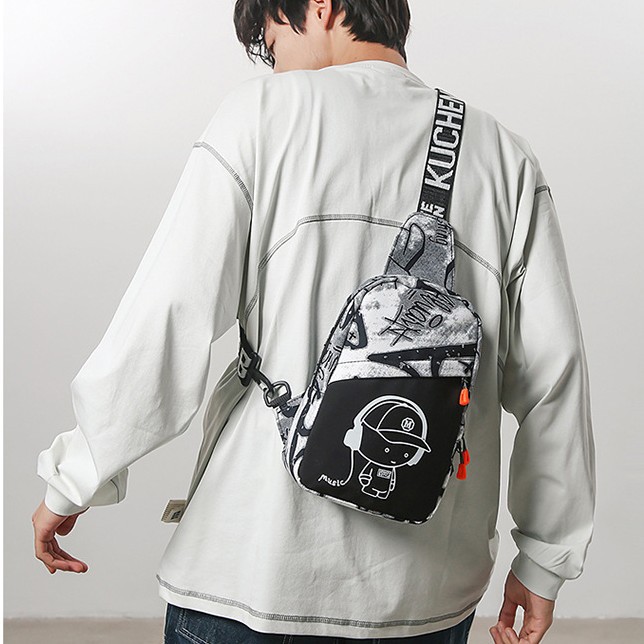 A new men's trendy chest bag from foreign trade, a unique graffiti sports crossbody bag, a cool and trendy night reflective outdoor cycling single-shoulder bag full figure