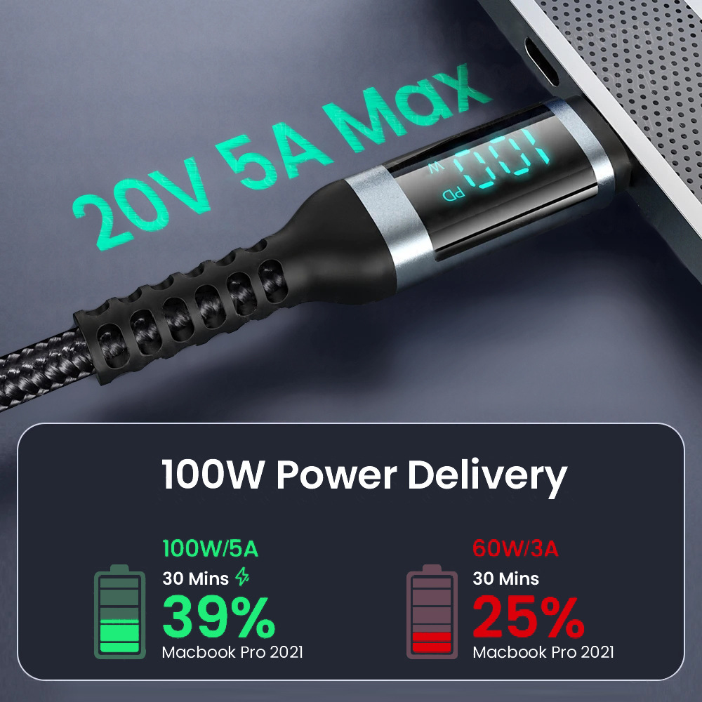 The 100W digital display fast charging data cable is suitable for dual type-c male-to-corporate fast charging cables for mobile phones and computers, with a digital display of 100W Specification drawing