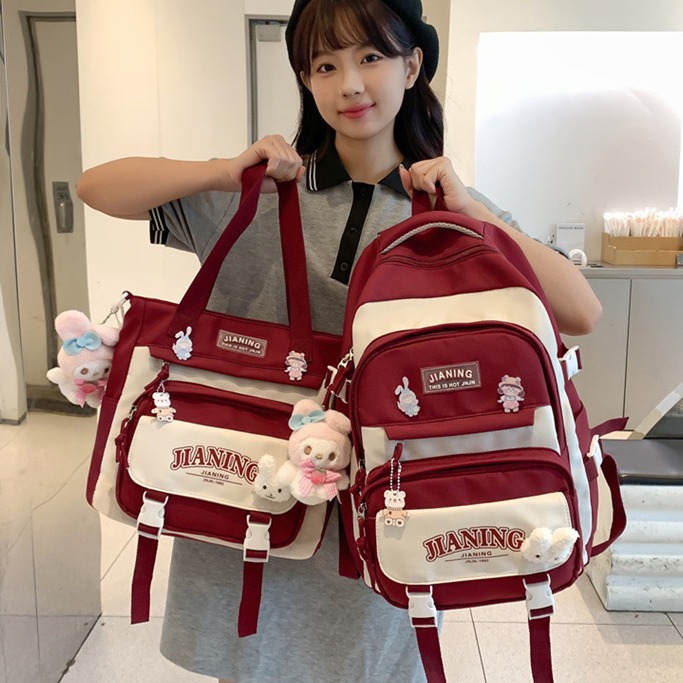 Korean style cute girl Instagram style large-capacity two-piece schoolbag set for primary school students from grades three to six, color-blocking and patchwork backpack full figure