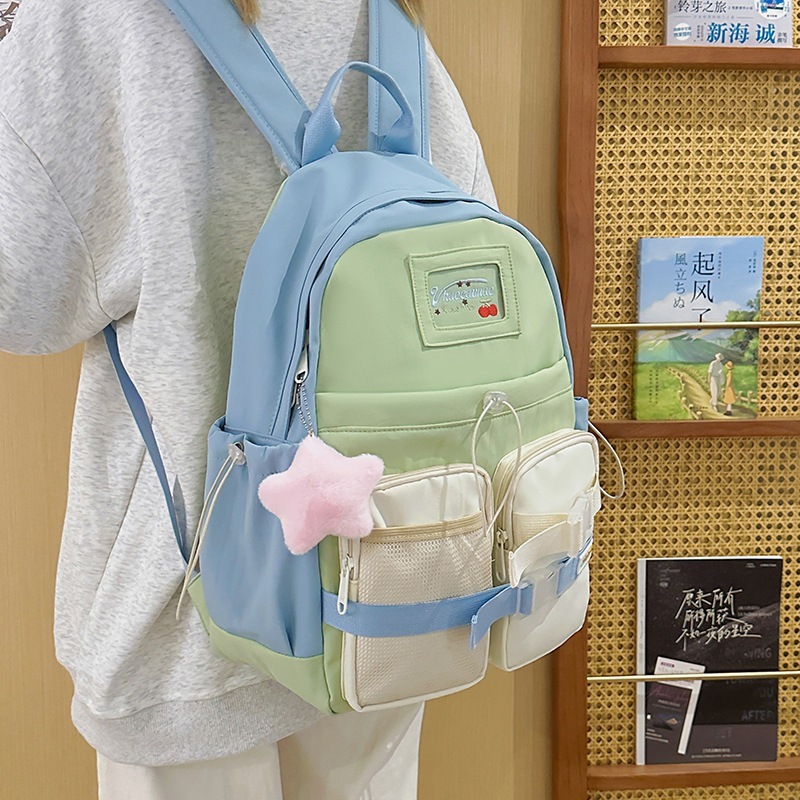 Forest-style dopamine color-blocked backpack, a fresh and clean schoolbag for junior and senior high school students, a versatile and good-looking American-style single-shoulder bag details Picture