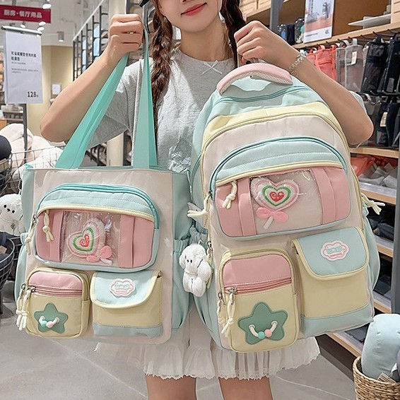 A new Japanese-style backpack with a high aesthetic level, featuring a fresh and sweet college style and color-blocking splicing. It is a large-capacity backpack for junior and senior high school students details Picture