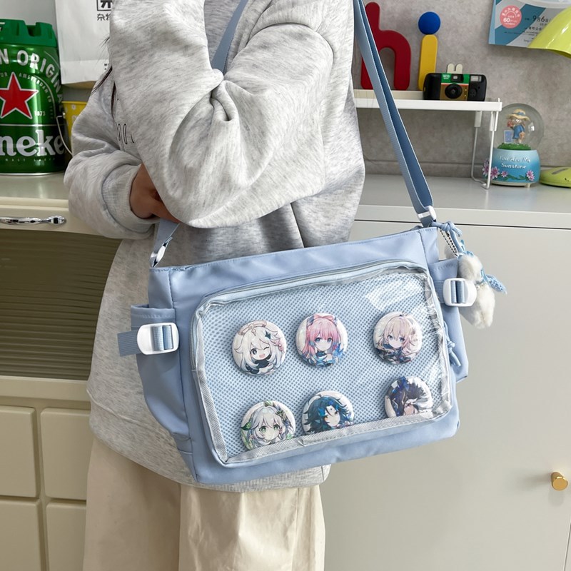 High appearance level, laid-back style, simple, large-capacity postman bag for women, transparent, smug, single-shoulder, popular travel canvas bag full figure