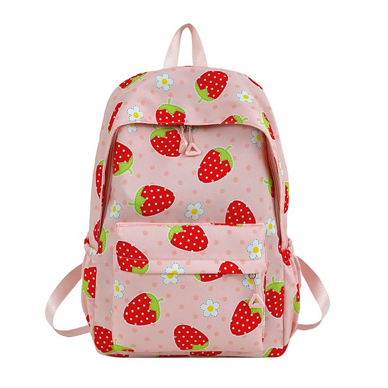 The 2025 new high-appeartion-level strawberry print backpack is a fashionable travel backpack for girls and a schoolbag for junior and senior high school students Item Picture