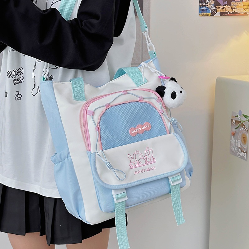 Cute color-blocking and fresh college girl crossbody bag, Japanese-style ins large-capacity student class single-shoulder tote bag full figure