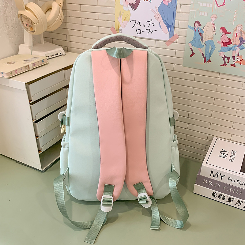 A new high-appearance-level Japanese ins fresh and sweet candy-colored color-blocking backpack with large capacity for junior and senior high school students Specification drawing