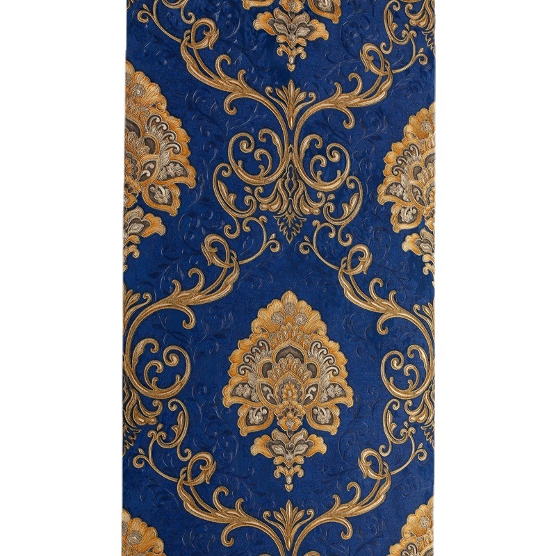 Pure black 3D European-style large floral wallpaper for restaurant, hotel, KTV and bar background walls, luxurious deep blue embossed wallpaper Item Picture