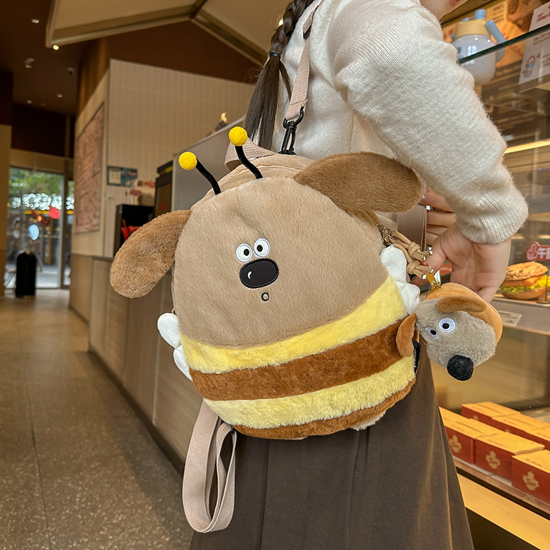 Children's winter fluffy and cute little bee mini backpack, Japanese-style cartoon girl dual-purpose crossbody small schoolbag details Picture