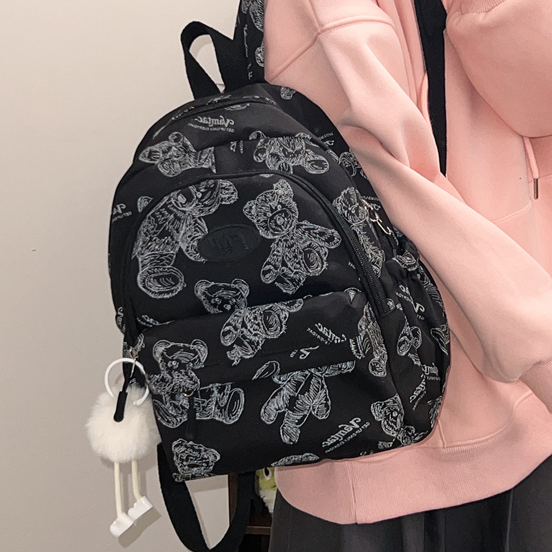 Korean version bear print backpack, large-capacity ins forest-themed cute mini backpack, versatile shopping bag details Picture