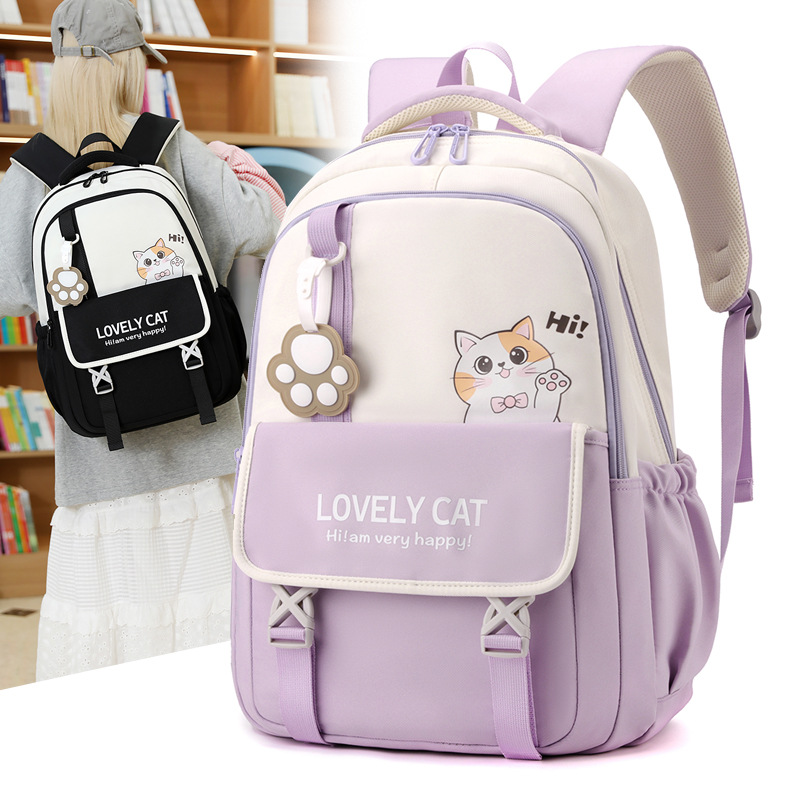 This cute color-blocking and fresh backpack is designed for girls in high school. It has a large capacity and multiple compartments for students in grades 3 to 5 full figure