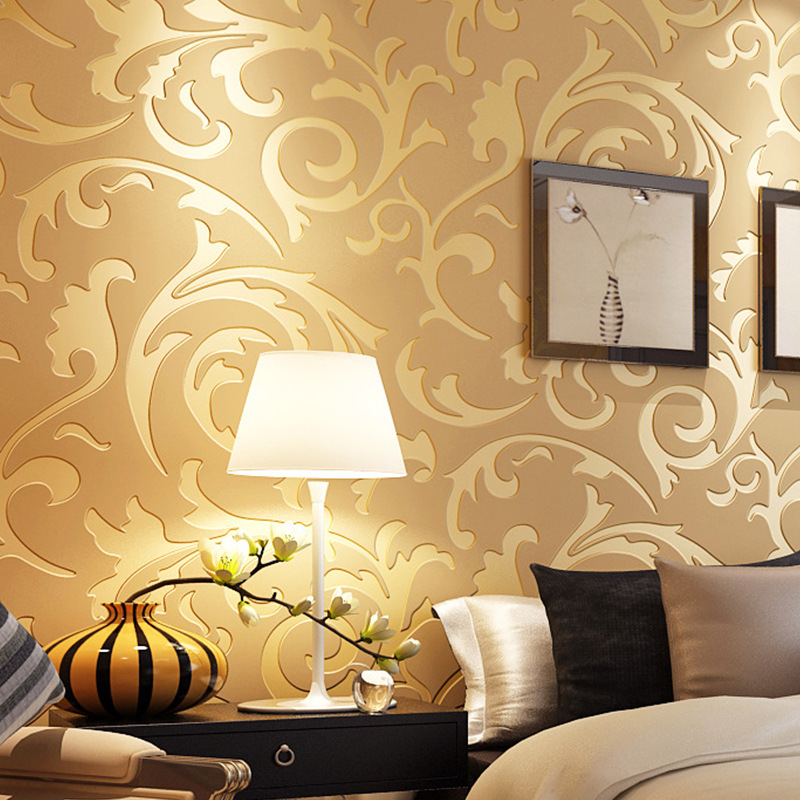 Simple European-style acanthus leaf 3D stereoscopic flocked non-woven fabric wallpaper, warm bedroom, living room and TV background wallpaper Specification drawing