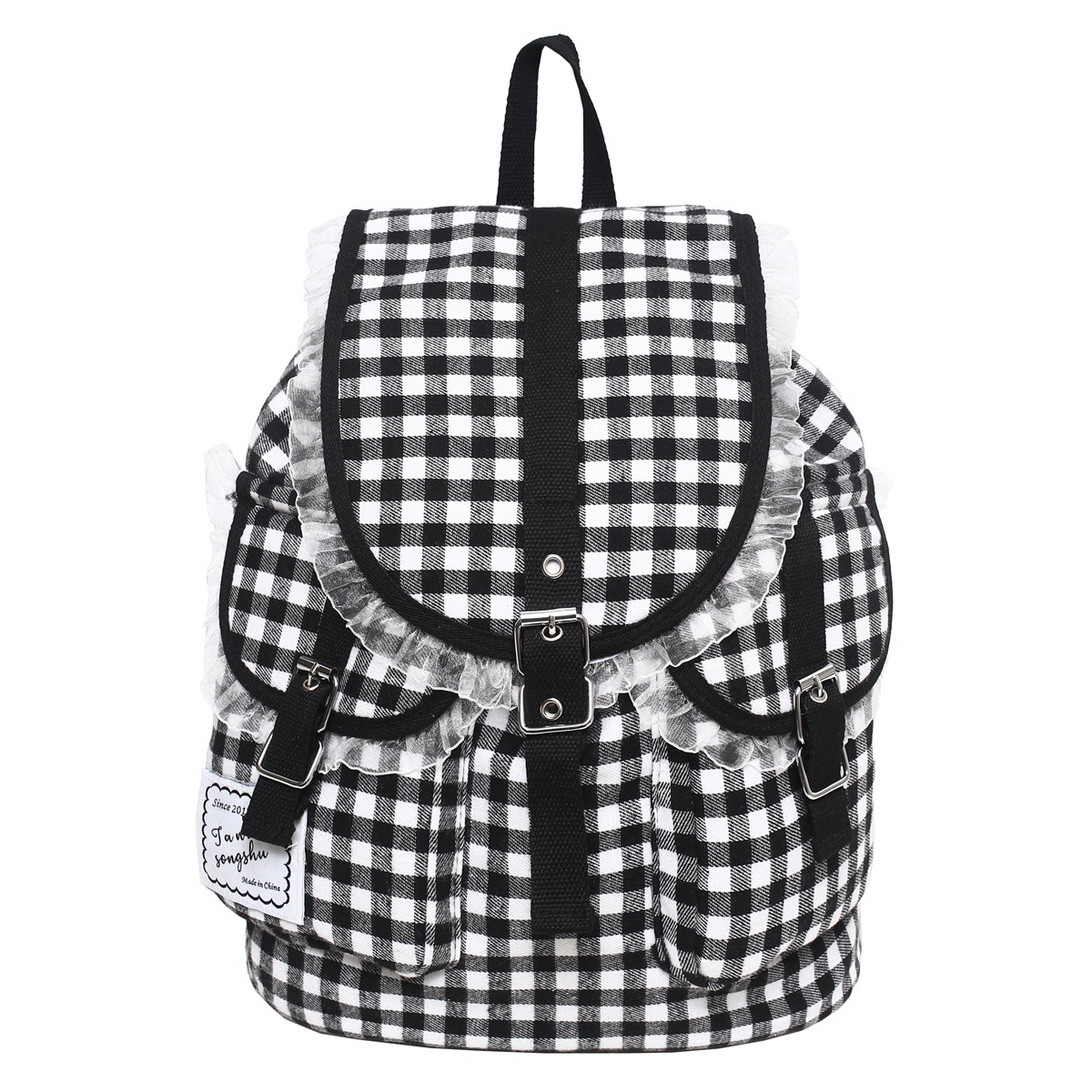 Korean-style niche black and white lace backpack, Japanese-style drawstring bucket bag, large-capacity casual travel backpack for girls Item Picture