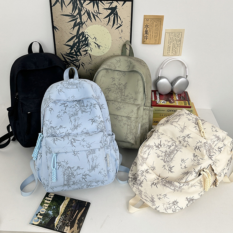 Tie-dyed ins simple Chinese style bamboo printed large-capacity schoolbag for high school, college and junior high school students details Picture