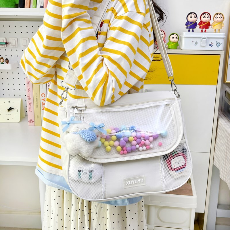 2D single-shoulder crossbody pain bag, large-capacity flip-top millet bag, messenger bag, Japanese-style transparent commuting and after-school schoolbag details Picture