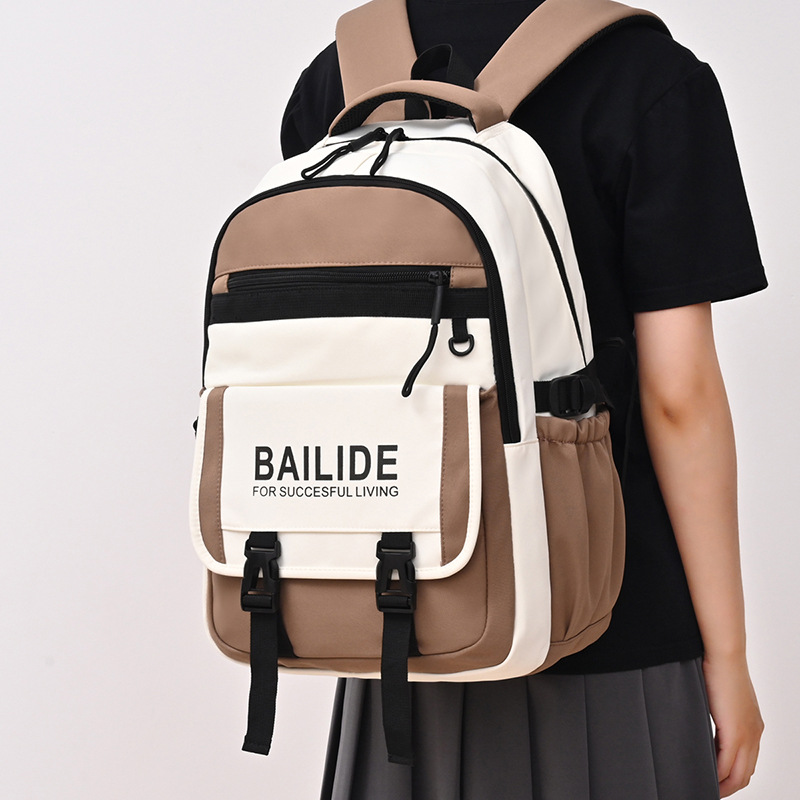 A new Korean-style ins high-appeartion-level workwear backpack with a school style and color-blocking splicing, and a large-capacity backpack for junior and senior high school students details Picture
