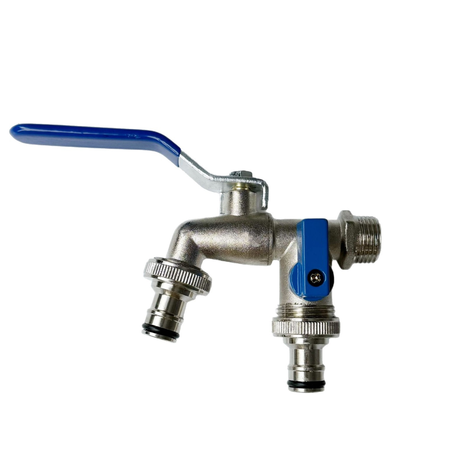 Cross-border exclusive gardening double water outlet 1/2 zinc alloy faucet, one inlet and two outlets, double pacifier, blue handle faucet full figure