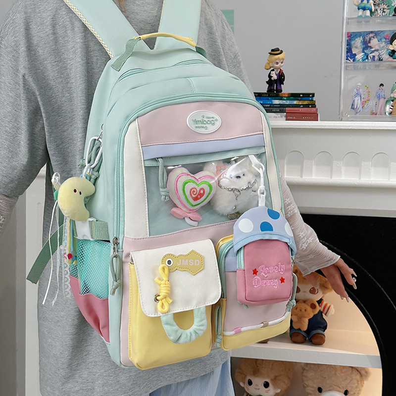 A new Japanese-style ins high-appearance-level, fresh and sweet, transparent, pain-hugging bag for women with color-blocking and large-capacity backpacks full figure