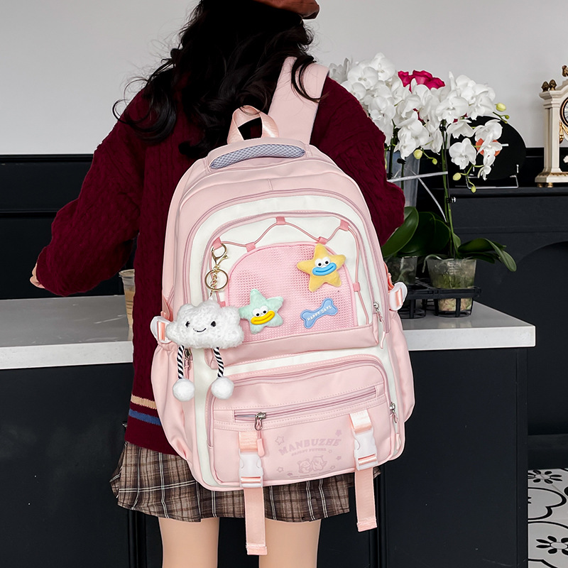 High-appearance-level, cute and fresh, color-blocking schoolbag for girls, middle and primary school students in grades 3 to 5, multi-layered wide shoulder strap backpack details Picture