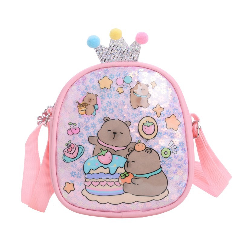 Summer new girls' travel crossbody bag, mini change single-shoulder bag, girls' cartoon capybara lightweight sequined backpack Item Picture