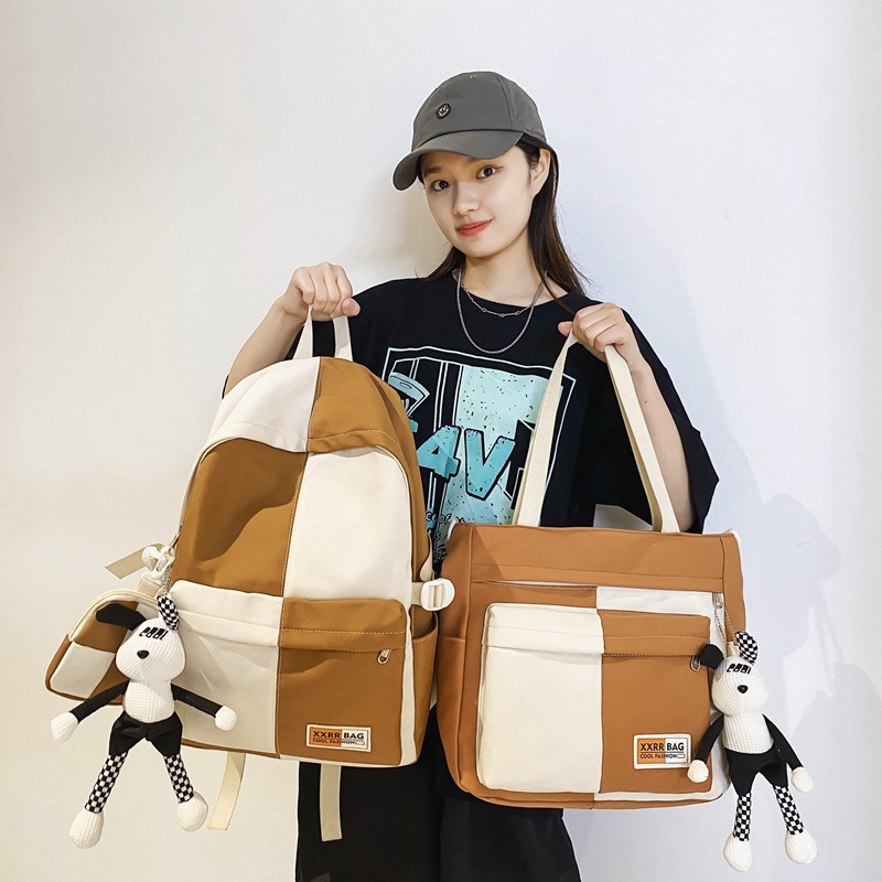 New Korean-style two-piece schoolbag with a checkerboard pattern, large-capacity middle school backpack, casual and lightweight student tutorial bag full figure