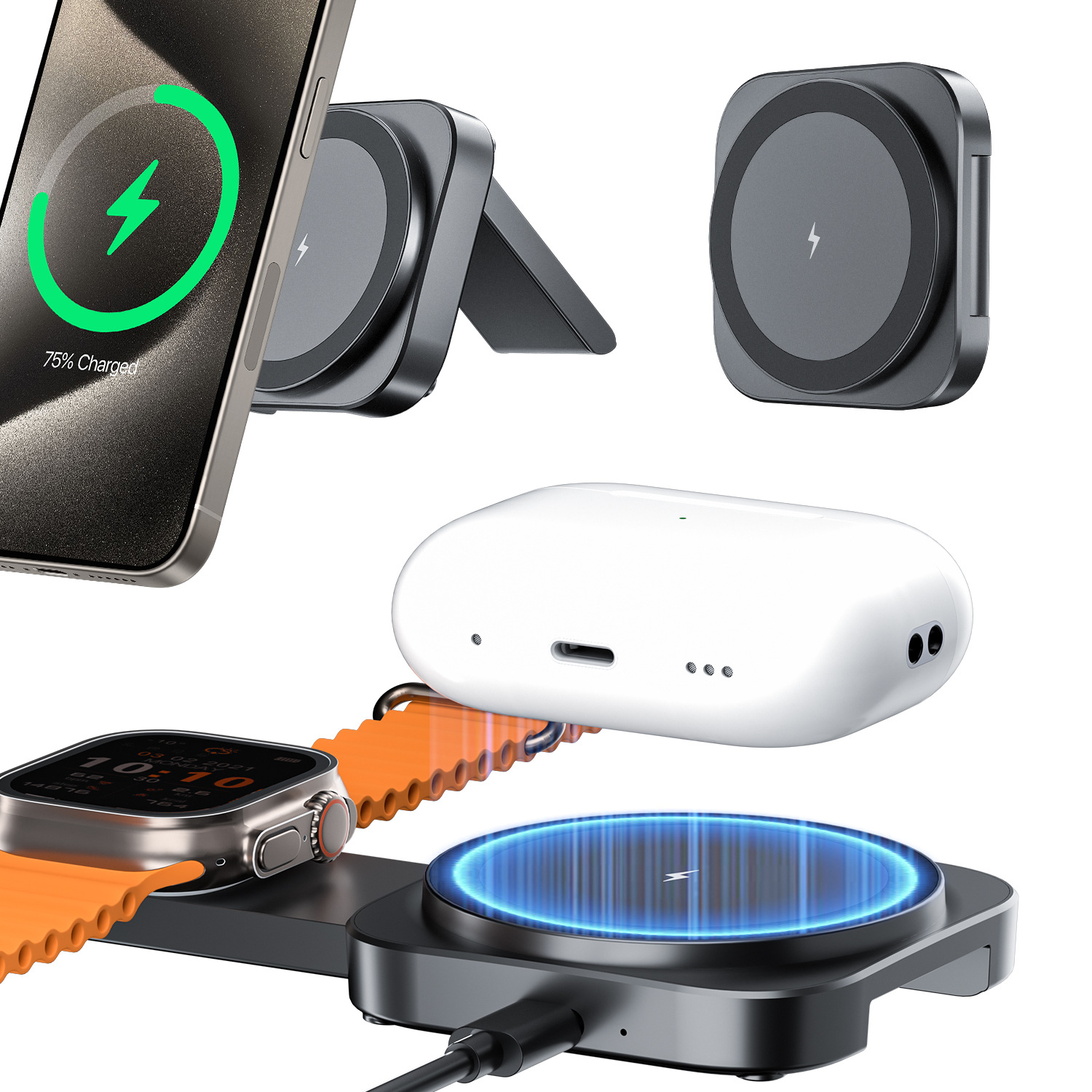 The magnetic attachment of the foldable desktop three-in-one wireless charger is suitable for the portable wireless charging stand of Apple Watch. It is fast details Picture