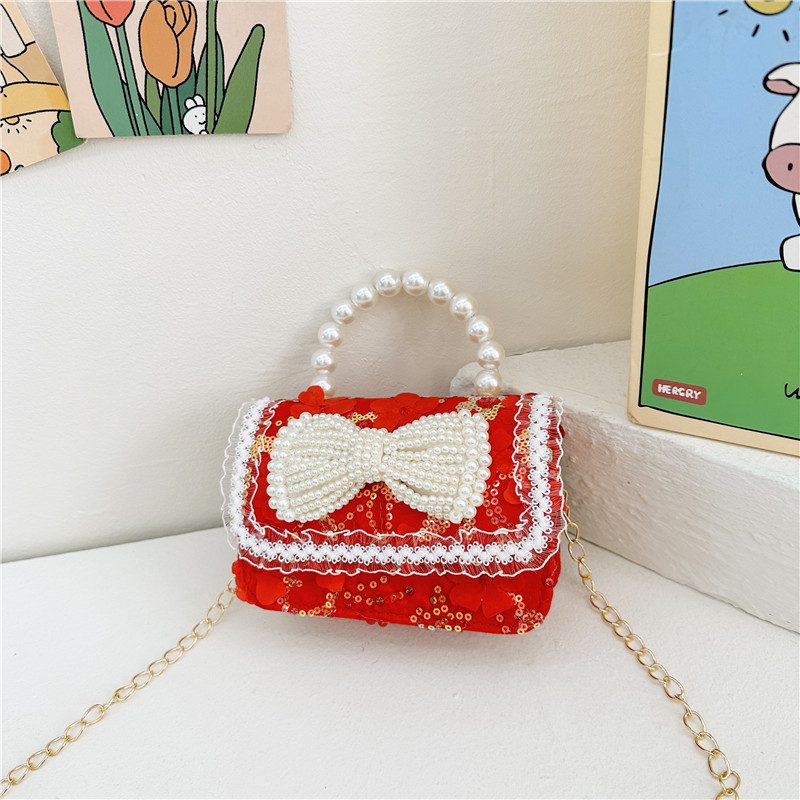 New Year's bright red small chanel-style children's pearl handbag, cute bow chain bag for babies, girls' coin purse details Picture