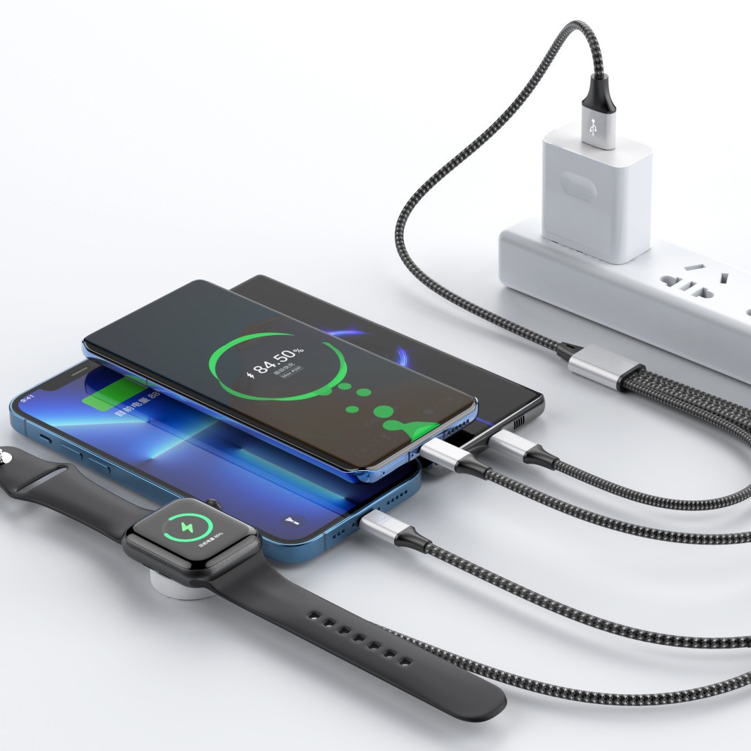 The new braided four-in-one watch wireless charger, mobile phone charging cable, data cable, and multiple connectors are available for selection Application Scenario