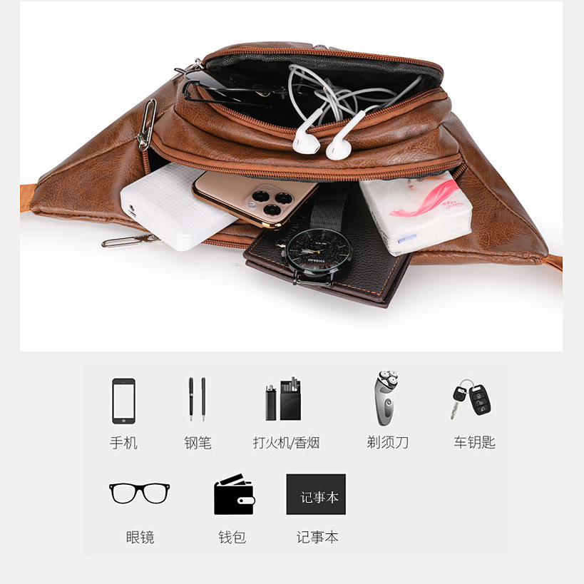 Wholesale and consignment of men's business multi-functional PU leather waist bags, casual sports crossbody single-shoulder waist bags and chest bags Specification drawing