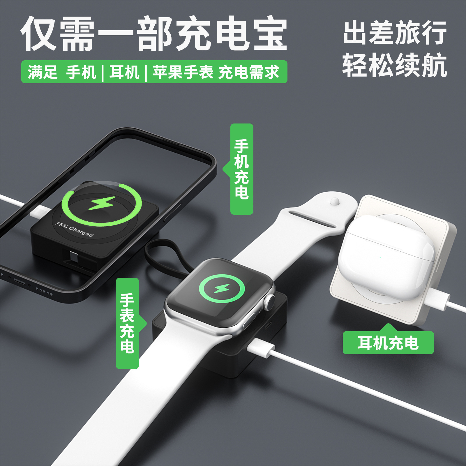Three-in-one magnetic power bank 5000 mah with built-in cable, portable 22.5W bidirectional fast charging mini mobile power bank Application Scenario