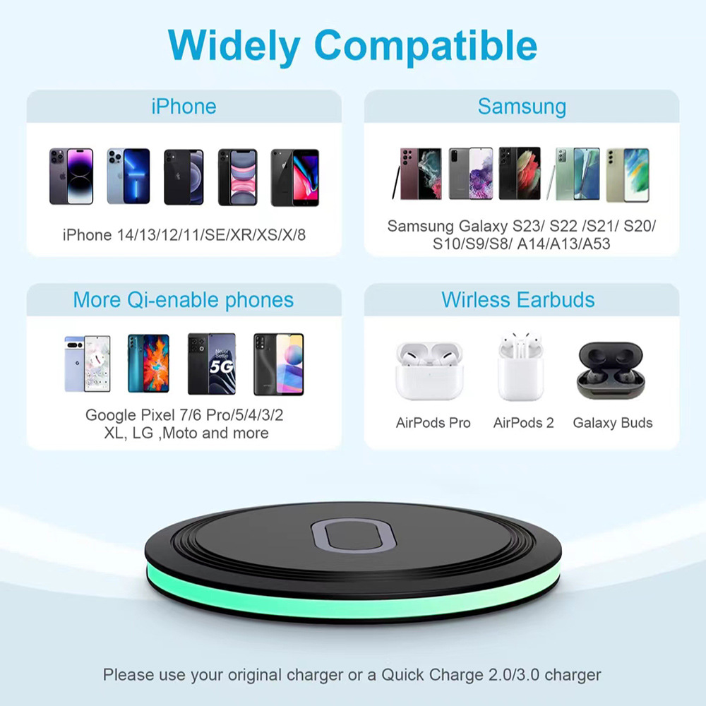 15W desktop circular wireless charger with heat dissipation hole, 15W wireless charger, suitable for QI mobile phone headphones Specification drawing
