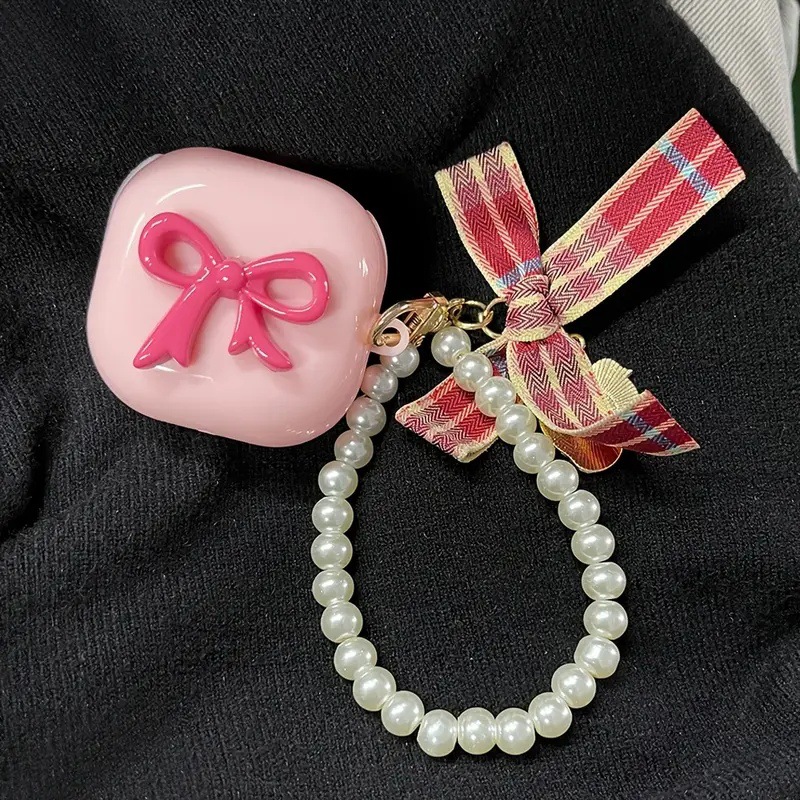 Three-dimensional bow pink checkered bow pendant earphone case suitable for Samsung Galaxy buds earphone case full figure