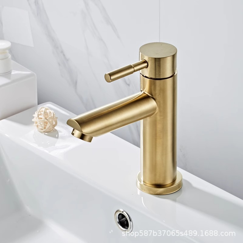 304 brushed gold faucet, stainless steel, simple and luxurious bathroom basin, hot and cold washstand, single handle, single hole basin details Picture