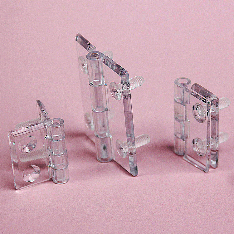 PC transparent acrylic hinges with holes and screws, flat heads, countersunk holes, crystal invisible hinges, folding and turning leaves details Picture