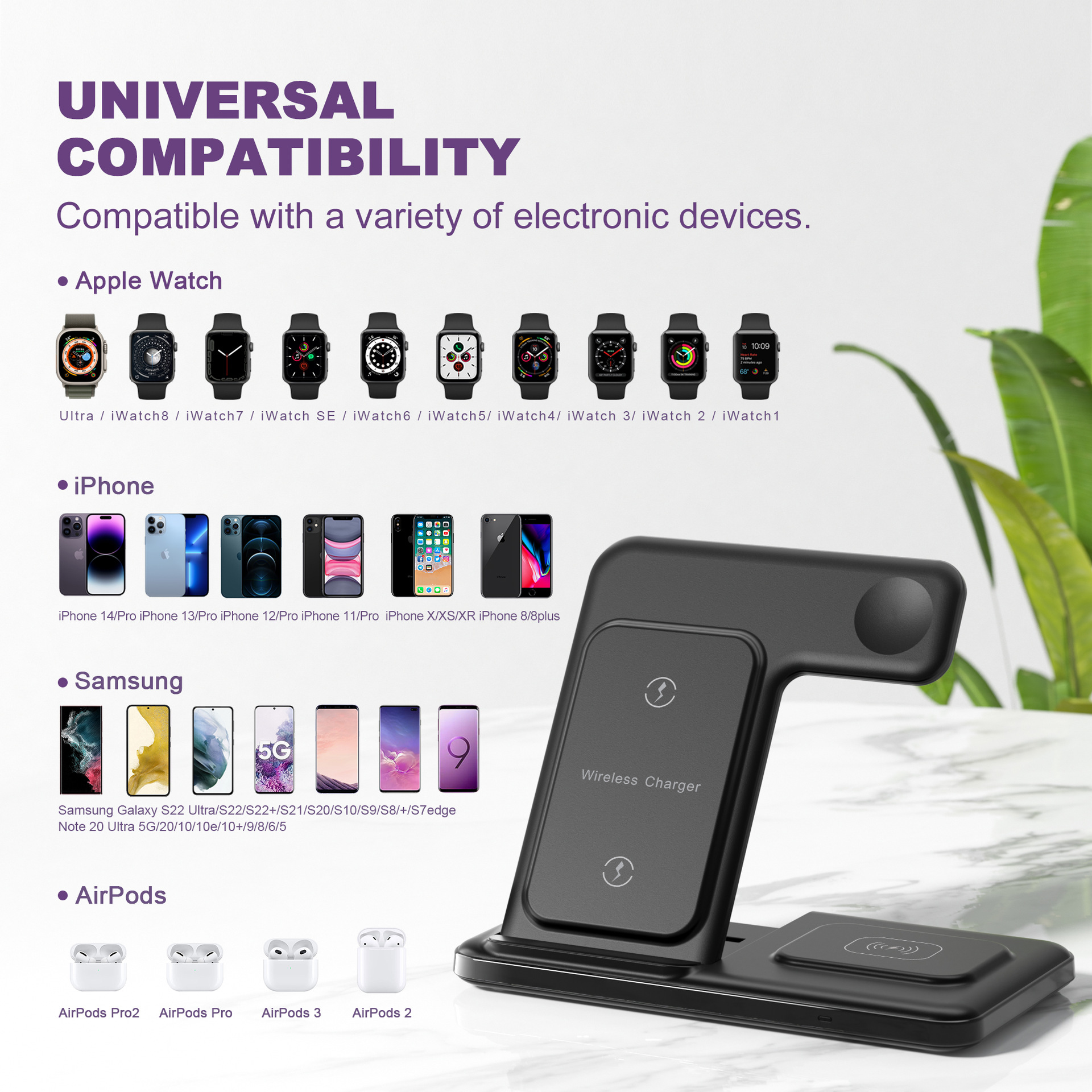 The 15W foldable wireless charger with a folding stand for desktop standing is suitable for mobile phones, watches and Airpods Application Scenario
