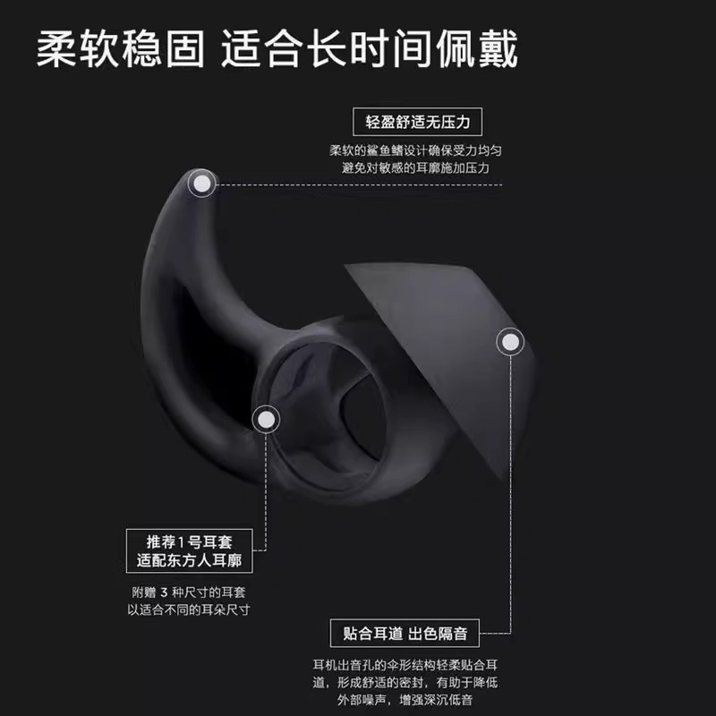Compatible with BOSE QC/Sport EarBuds true wireless Earbuds. Big Shark earbud rubber case, Small Shark silicone Specification drawing