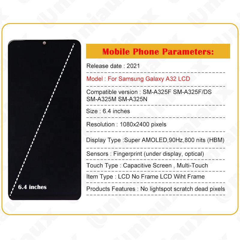 It is compatible with the original framed LCD display of Samsung A32 4G A325 screen assembly, both inside and out Item Picture