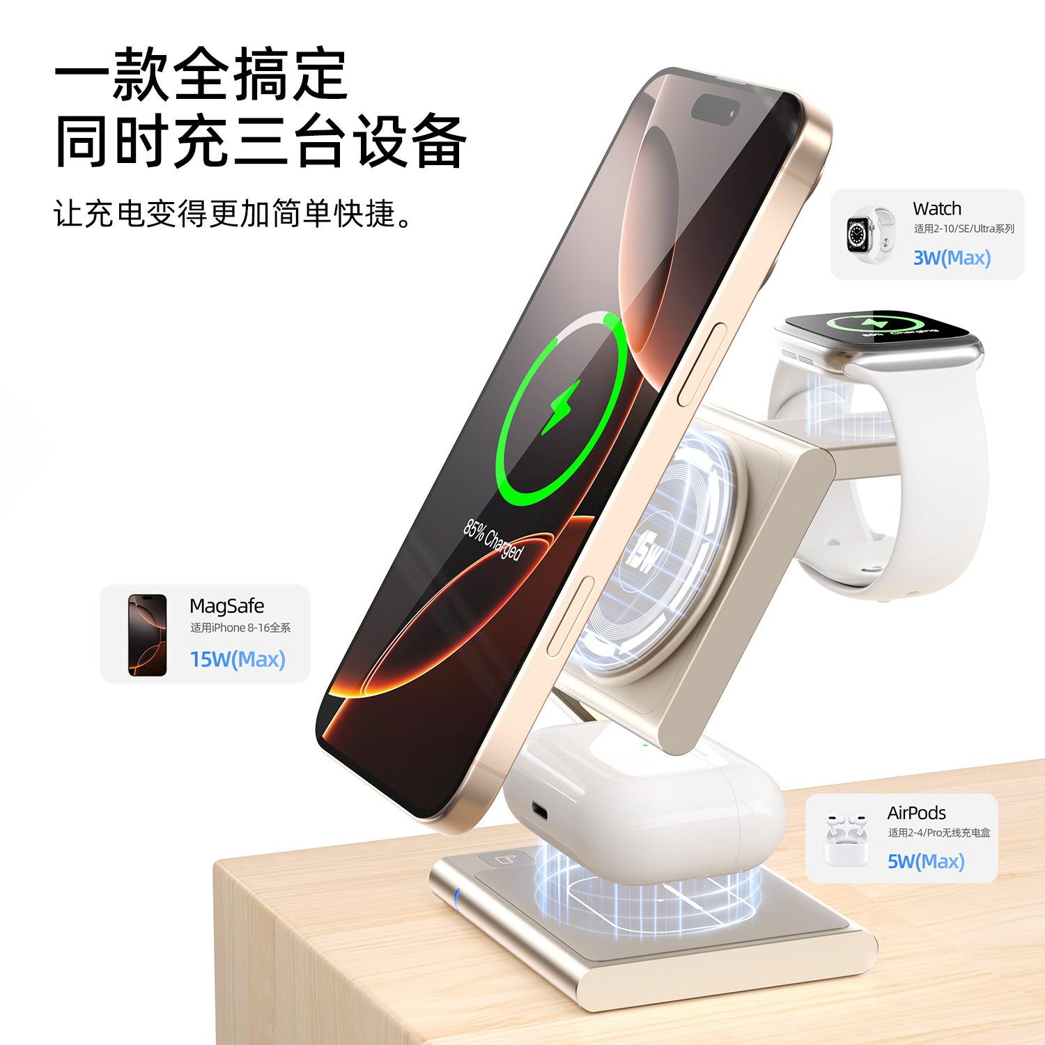 The metal magnetic three-in-one wireless charger is a cross-border bestseller for wireless fast charging of iPhone qi2 Application Scenario